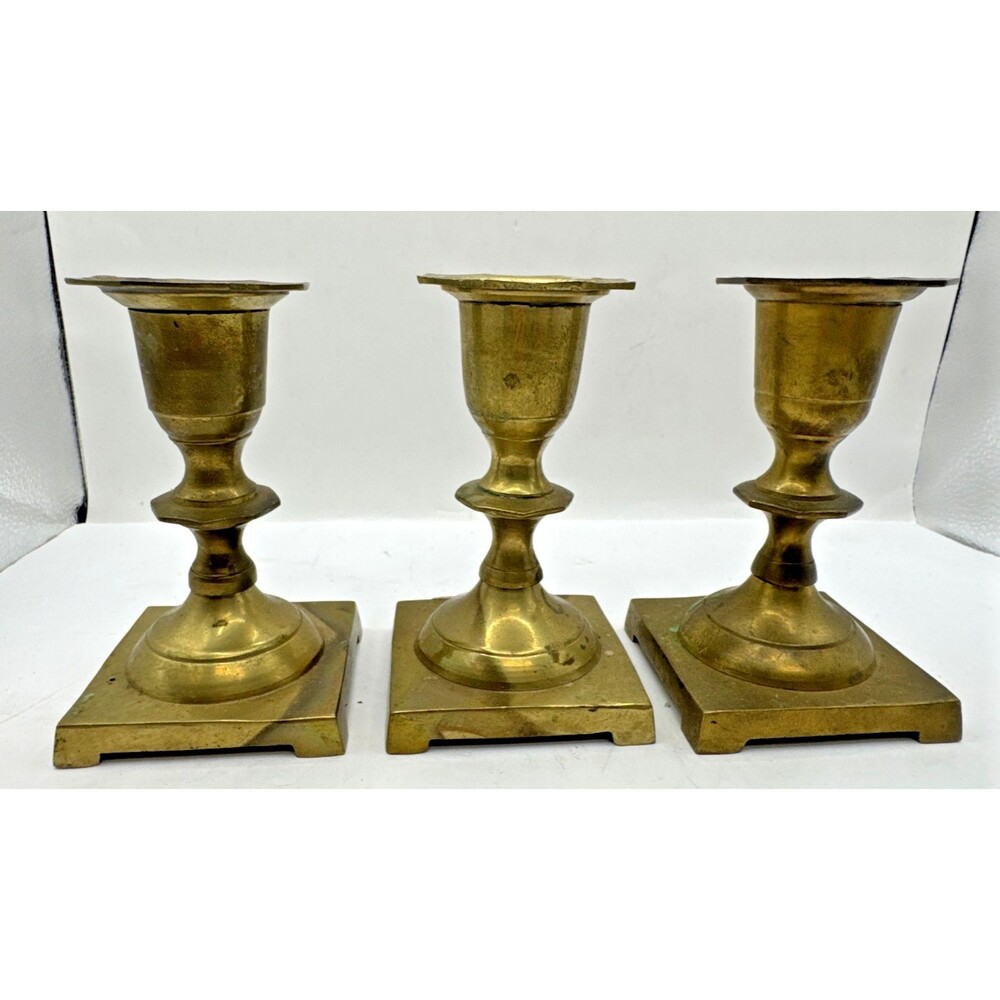 Trio Vintage Brass Candlestick Candle Holders Square Footed MCM Wedding
